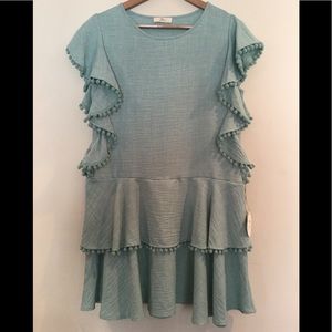 Light Blue Midi Dress With Ball Fringe Trim